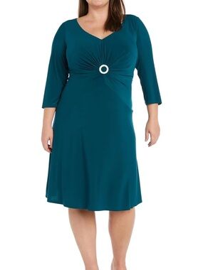 R&M Richards Teal V-Neck Midi Dress with Decorative Waist Ring
